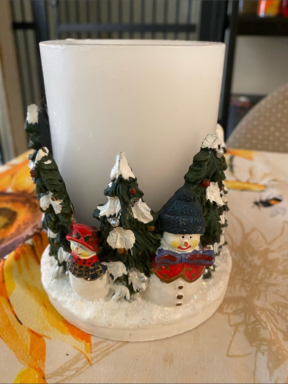 White Candle with Snowman & Tree Holiday Candle Holder